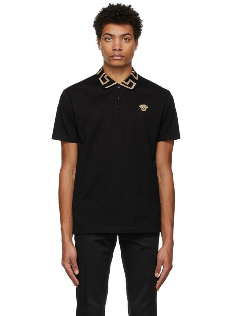 Versace Black Polo Shirt with Gold Greek Key Collar Medusa L